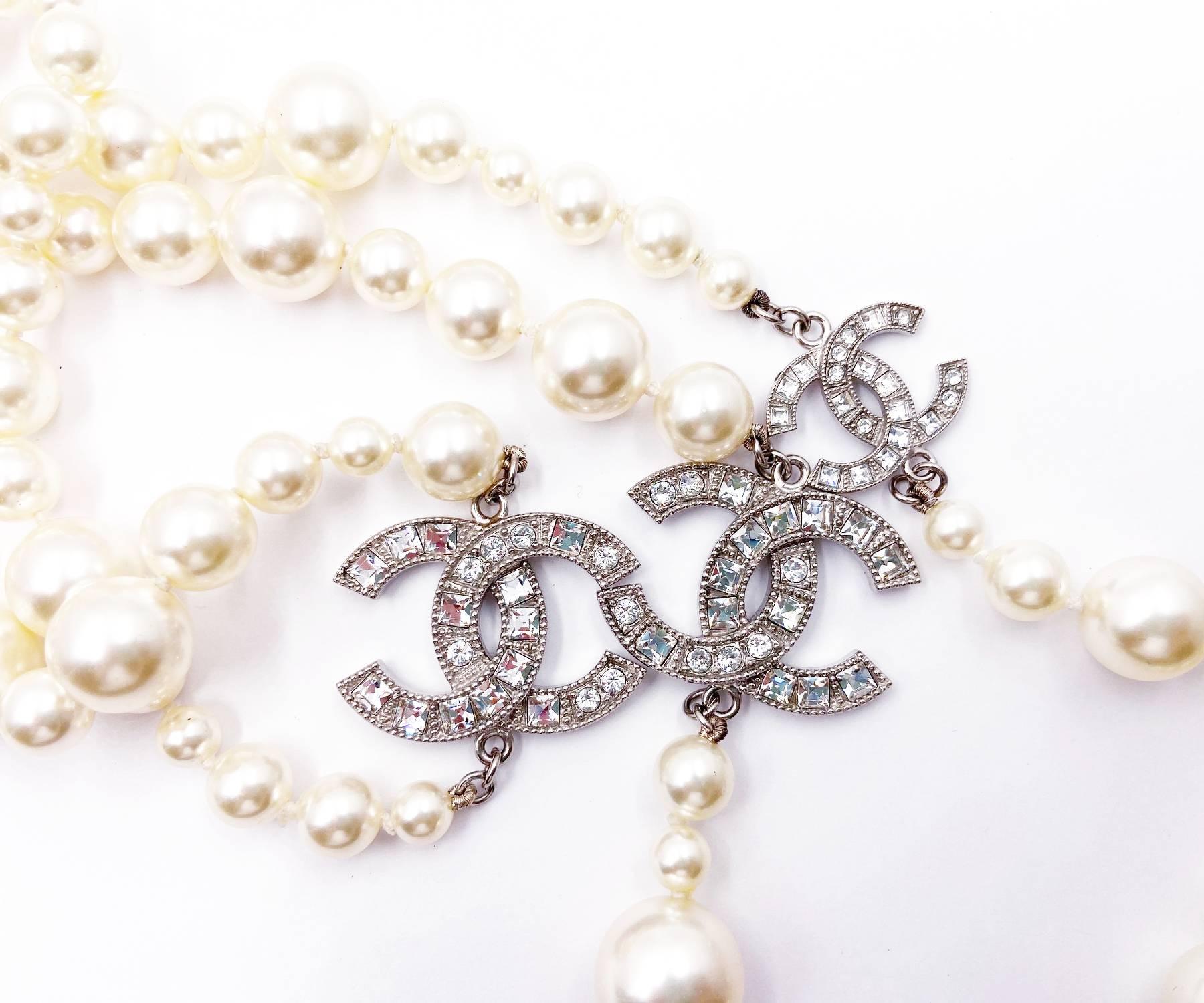 Chanel Classic Silver CC Square Crystal Pearl Long Necklace For Sale at ...