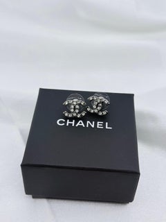 Chanel Classic Silver Crystal CC Stud Earrings