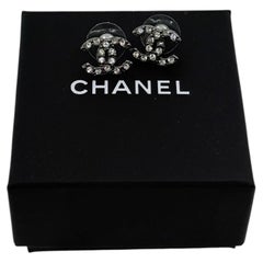Chanel Classic Silver Crystal CC Stud Earrings
