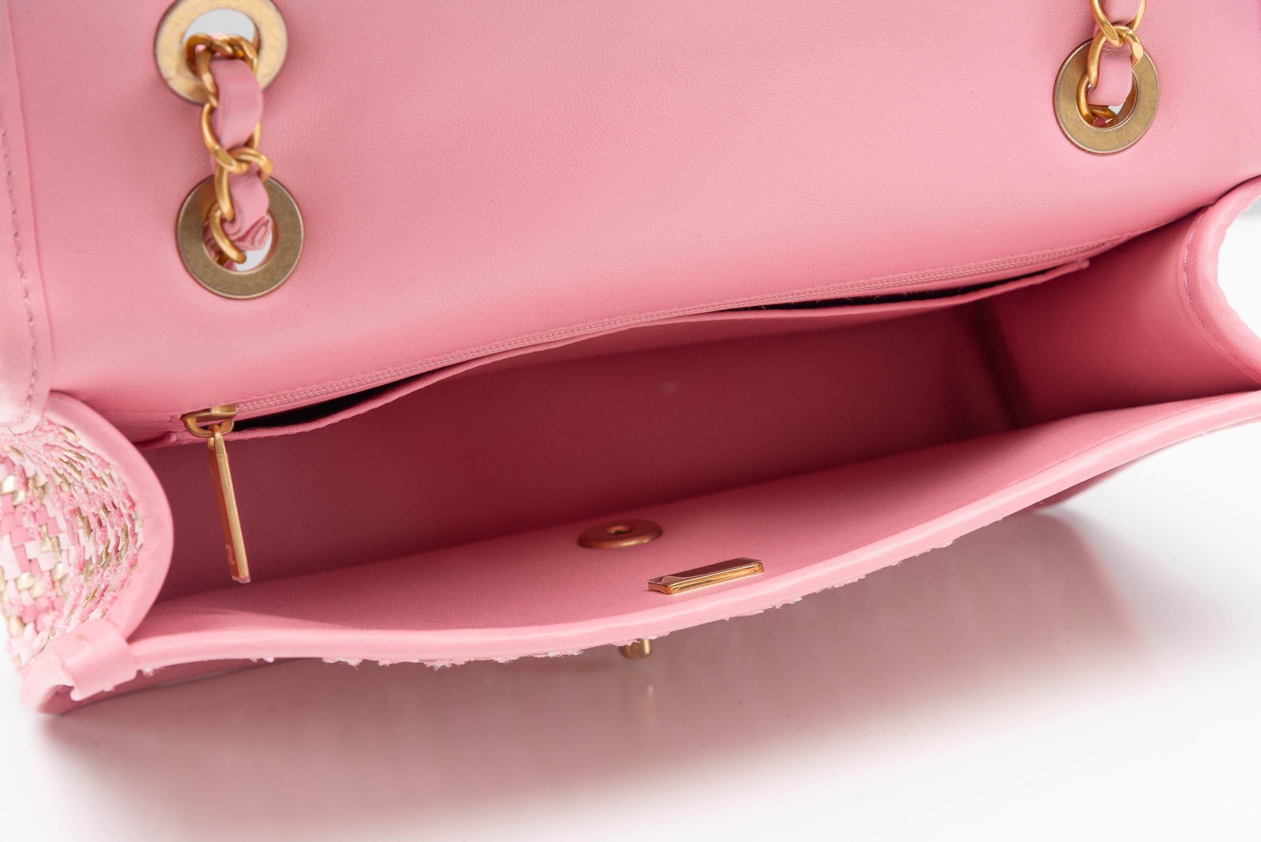 Chanel Classic Single Flap Bag Pink Tweed Lambskin RARE 6