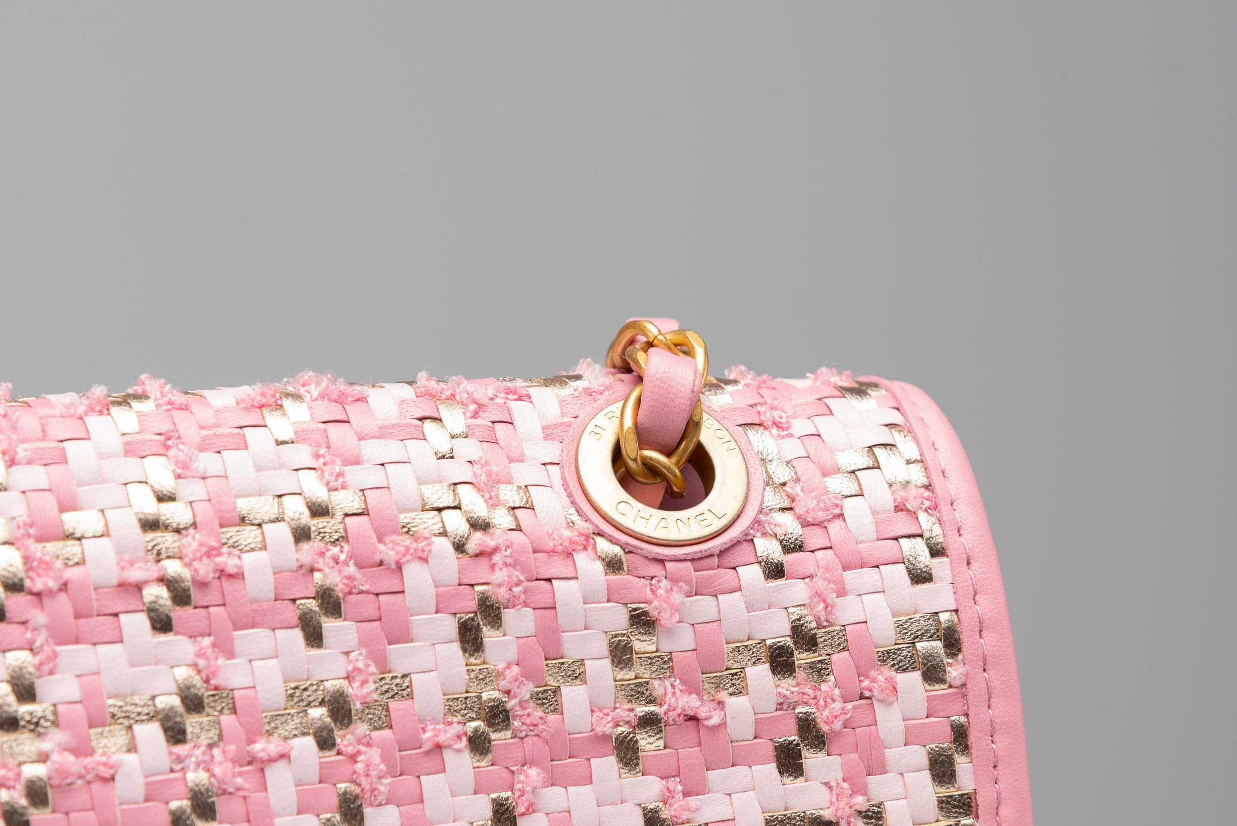 Chanel Classic Single Flap Bag Pink Tweed Lambskin RARE 2