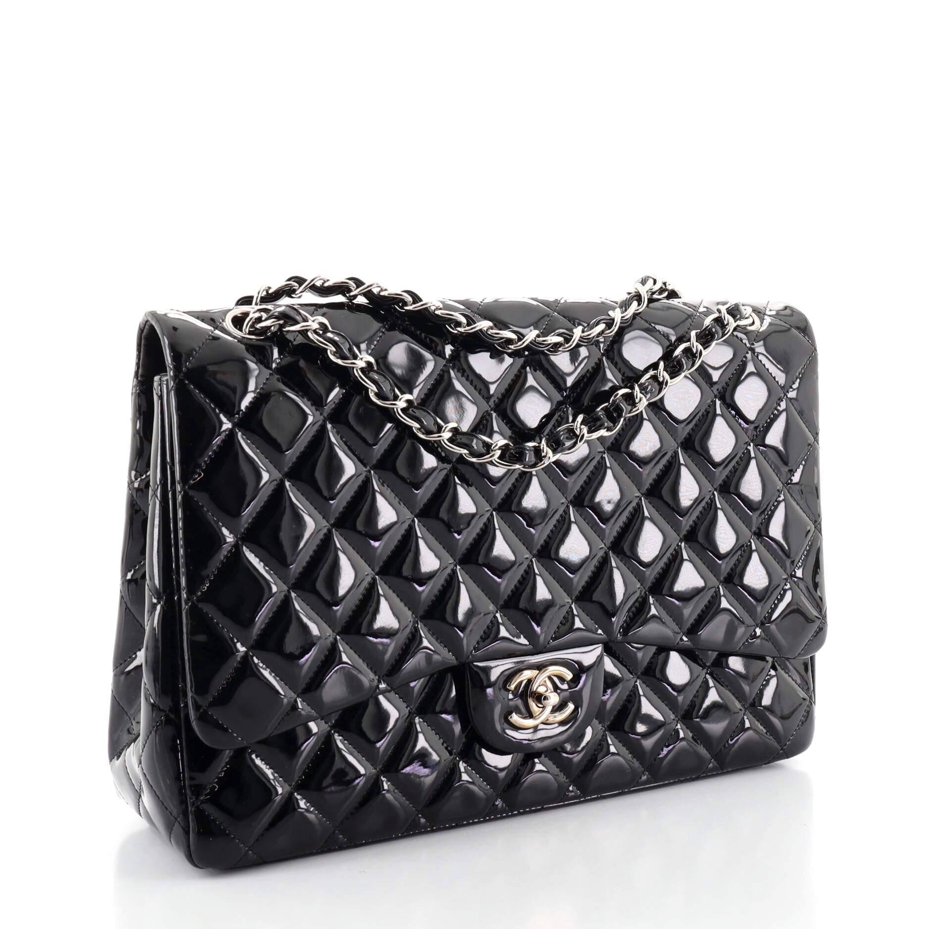 Black Chanel Classic Single Flap Bag Quilted Patent Maxi