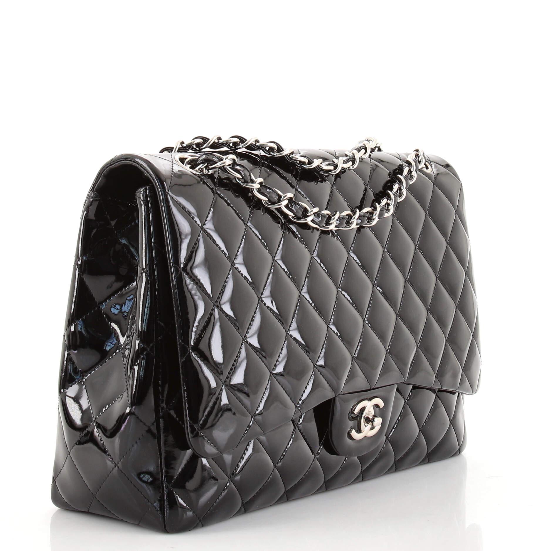 Black Chanel Classic Single Flap Bag Quilted Patent Maxi