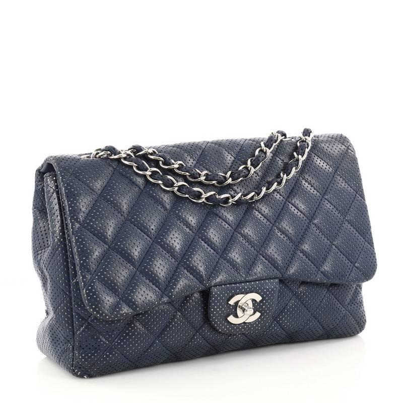 Black Chanel Classic Single Flap Bag Quilted Perforated Leather Jumbo