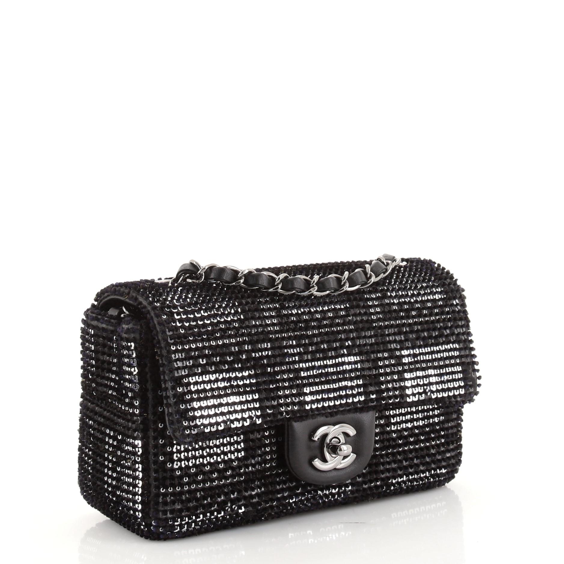 Black Chanel Classic Single Flap Bag Sequin Embellished Lambskin Mini