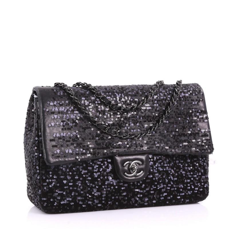 Black Chanel Classic Single Flap Bag Sequins Jumbo