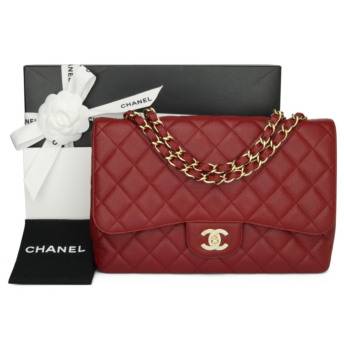 Authentic CHANEL Classic Jumbo Single Flap Bag Dark Red Caviar with Gold Hardware 2009 Super Rare!

This stunning bag is in excellent condition, the bag still holds its original shape and the hardware is still very shiny.

Exterior Condition: Mint