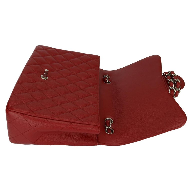 Red Quilted Caviar Jumbo Classic Single Flap Silver Hardware, 2009-2010