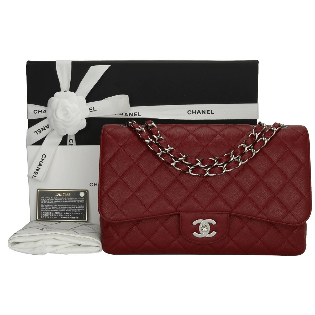 Authentic CHANEL Classic Single Flap Jumbo Raspberry Red Caviar with Silver Hardware 2009.

This stunning bag is in mint condition, the bag still holds its original shape and the hardware is still very shiny.

Exterior Condition: Mint condition, the