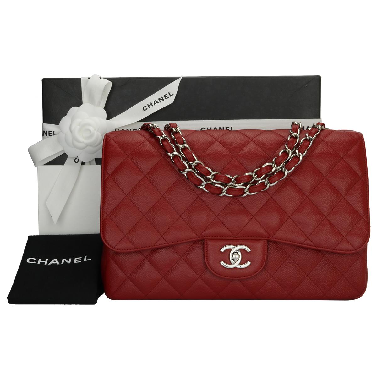 Authentic CHANEL Classic Single Flap Jumbo Bag Red Caviar with Silver Hardware 2009.

This stunning bag is in excellent condition, the bag still holds its original shape and the hardware is still very shiny.

Exterior Condition: Excellent condition,