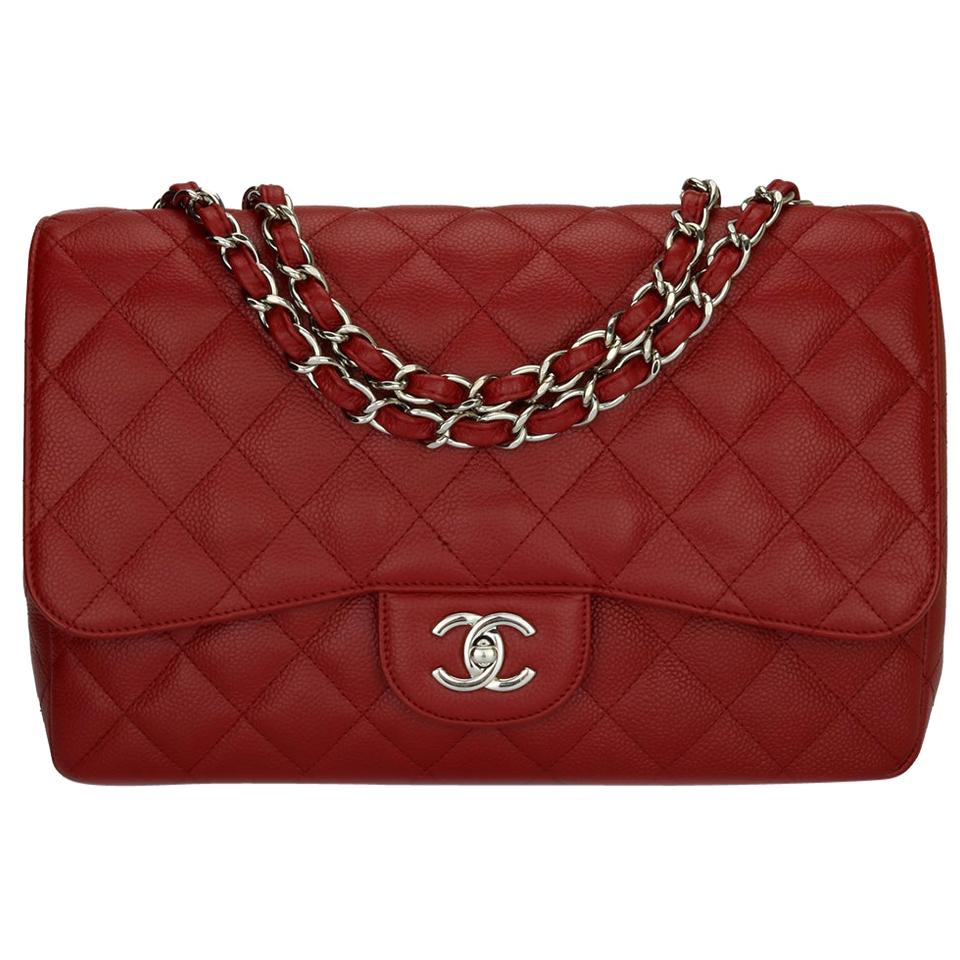 CHANEL Classic Single Flap Jumbo Bag Red Caviar with Silver