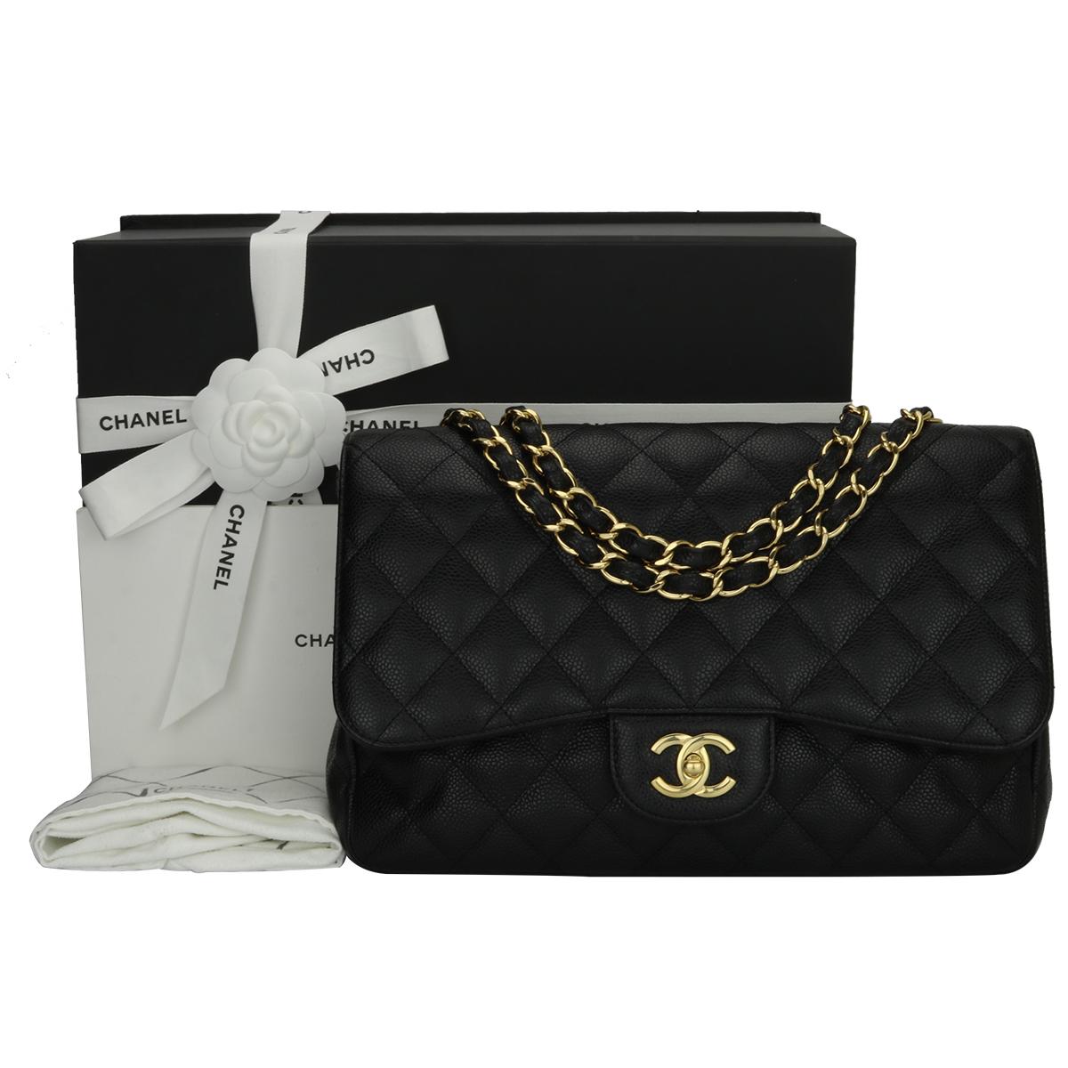Authentic CHANEL Classic Single Flap Jumbo Black Caviar with Gold Hardware 2009.

This stunning bag is in excellent condition, the bag still holds its original shape and the hardware is still very shiny.

Exterior Condition: Excellent condition,
