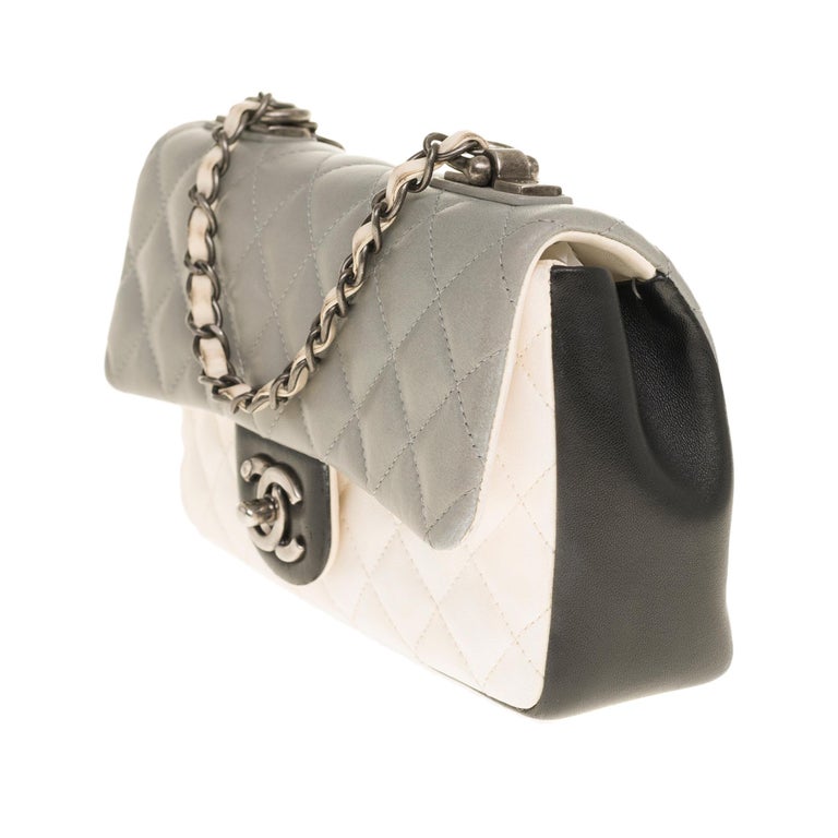 Gray Chanel Classic single Flap shoulder bag in grey/black/white quilted lambskin,SHW