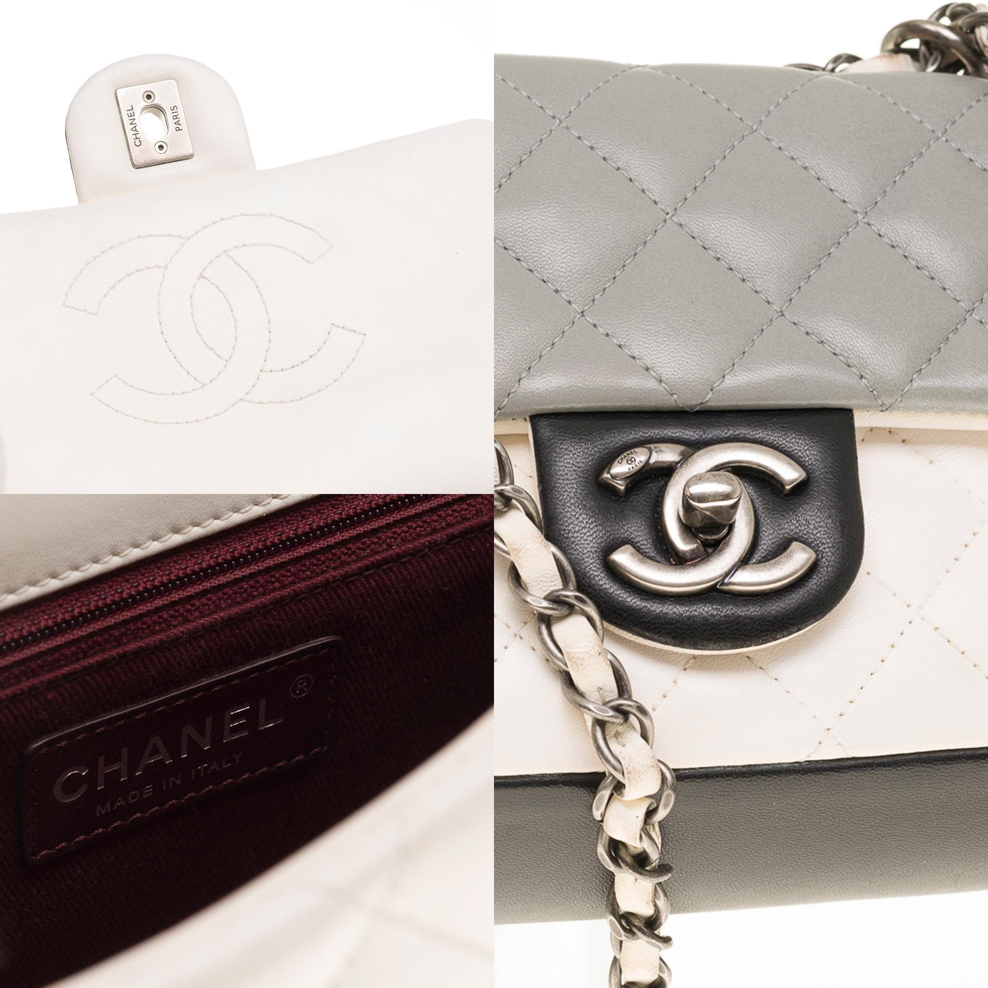 Women's Chanel Classic single Flap shoulder bag in grey/black/white quilted lambskin, SHW