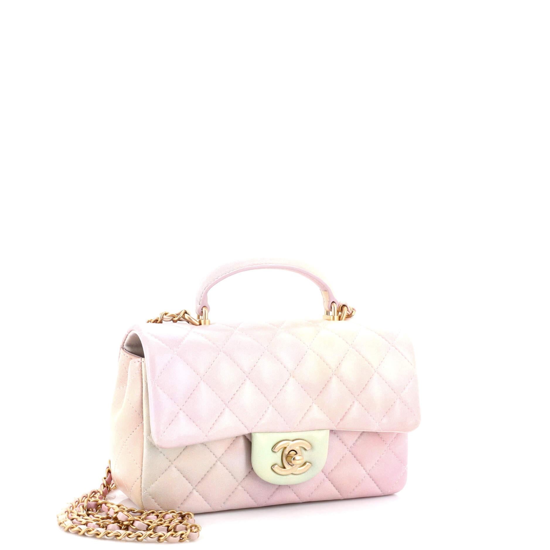 Chanel Classic Single Flap Top Handle Bag Quilted Ombre Lambskin Mini In Good Condition For Sale In NY, NY