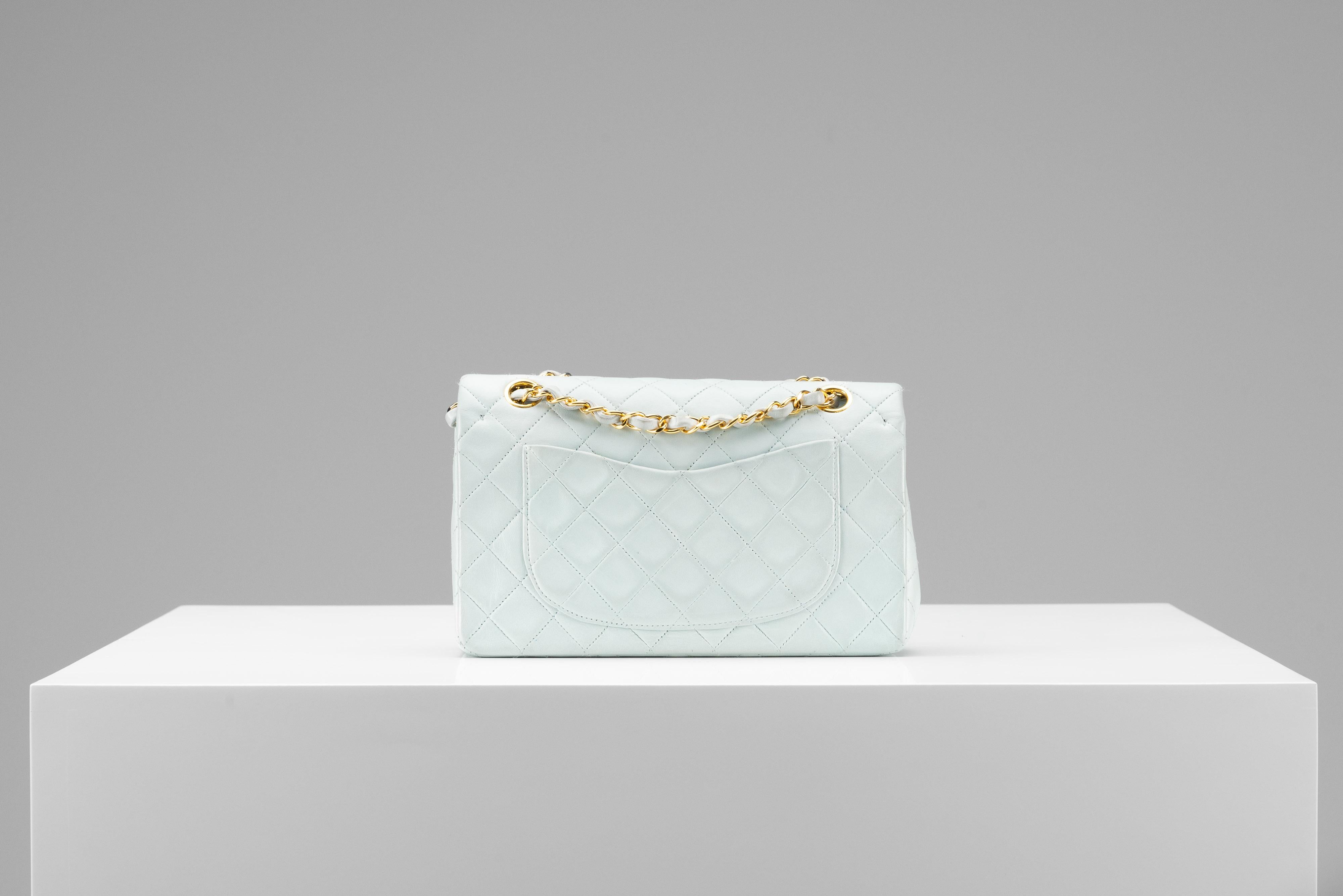 Women's or Men's Chanel Classic Small Baby Blue RARE 24k GHW Lambskin For Sale