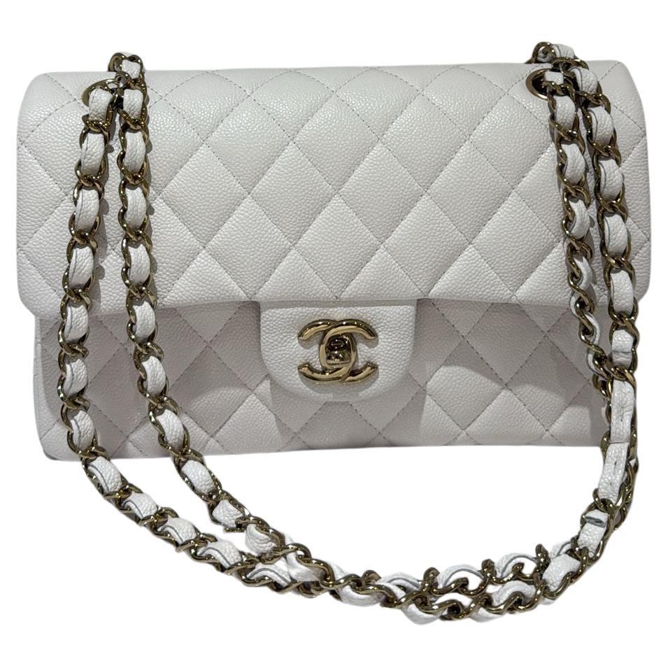 Chanel Classic Small Double Flap Bag in White Caviar LGHW