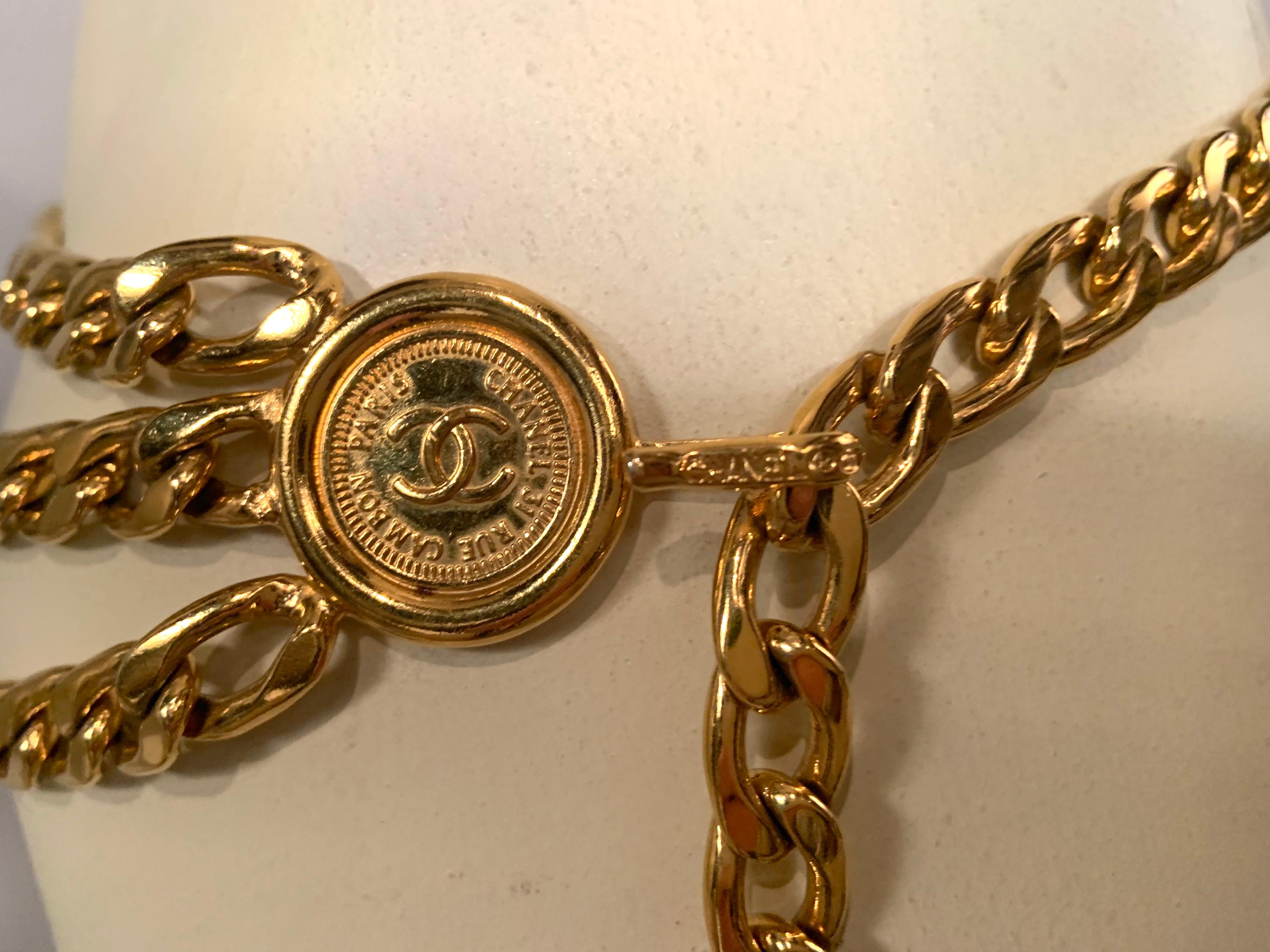 Women's Chanel Classic Three Row Gold Chain Belt with Chanel rue Cambon Paris Medallions