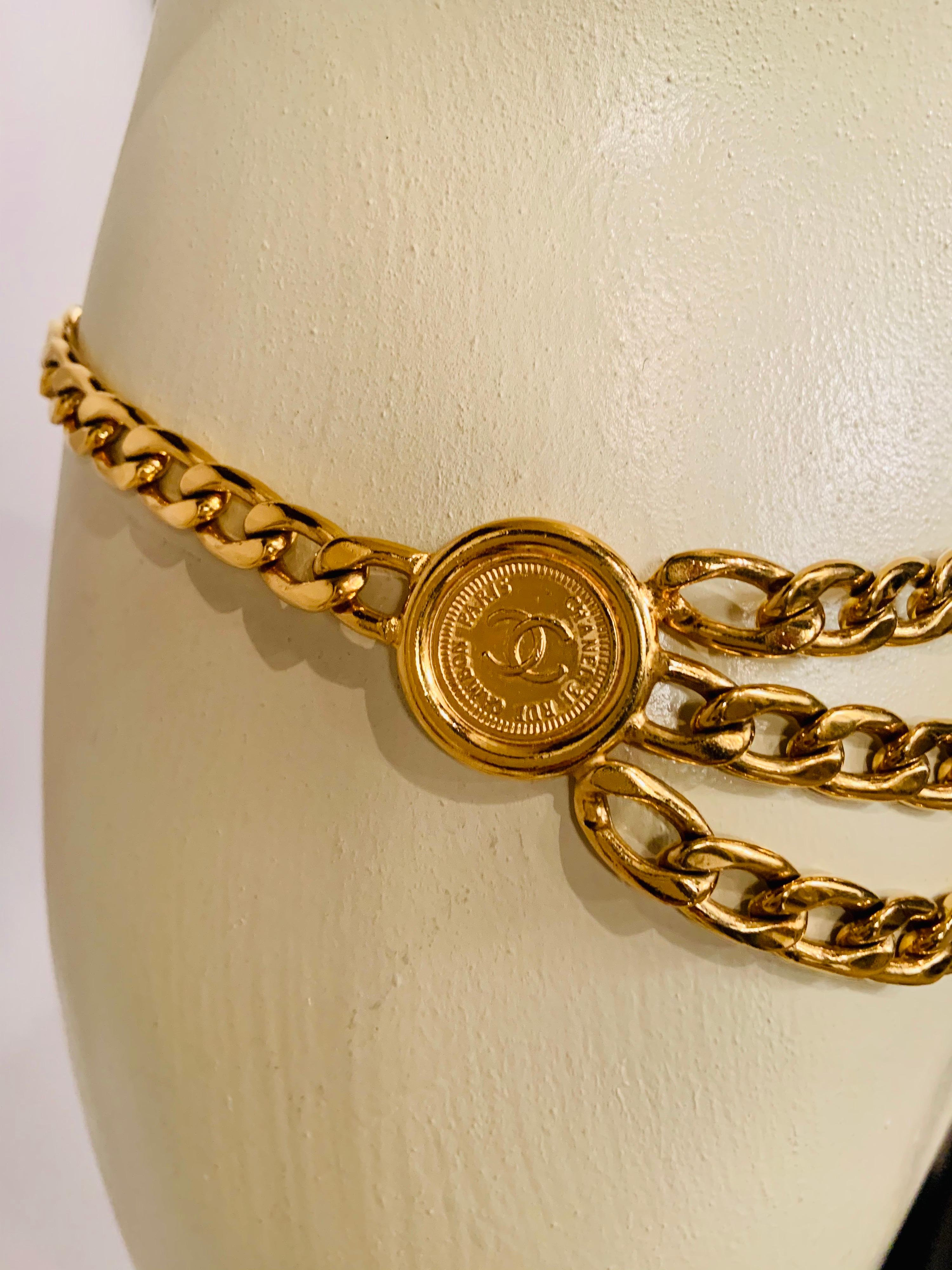 Chanel Classic Three Row Gold Chain Belt with Chanel rue Cambon Paris Medallions 1