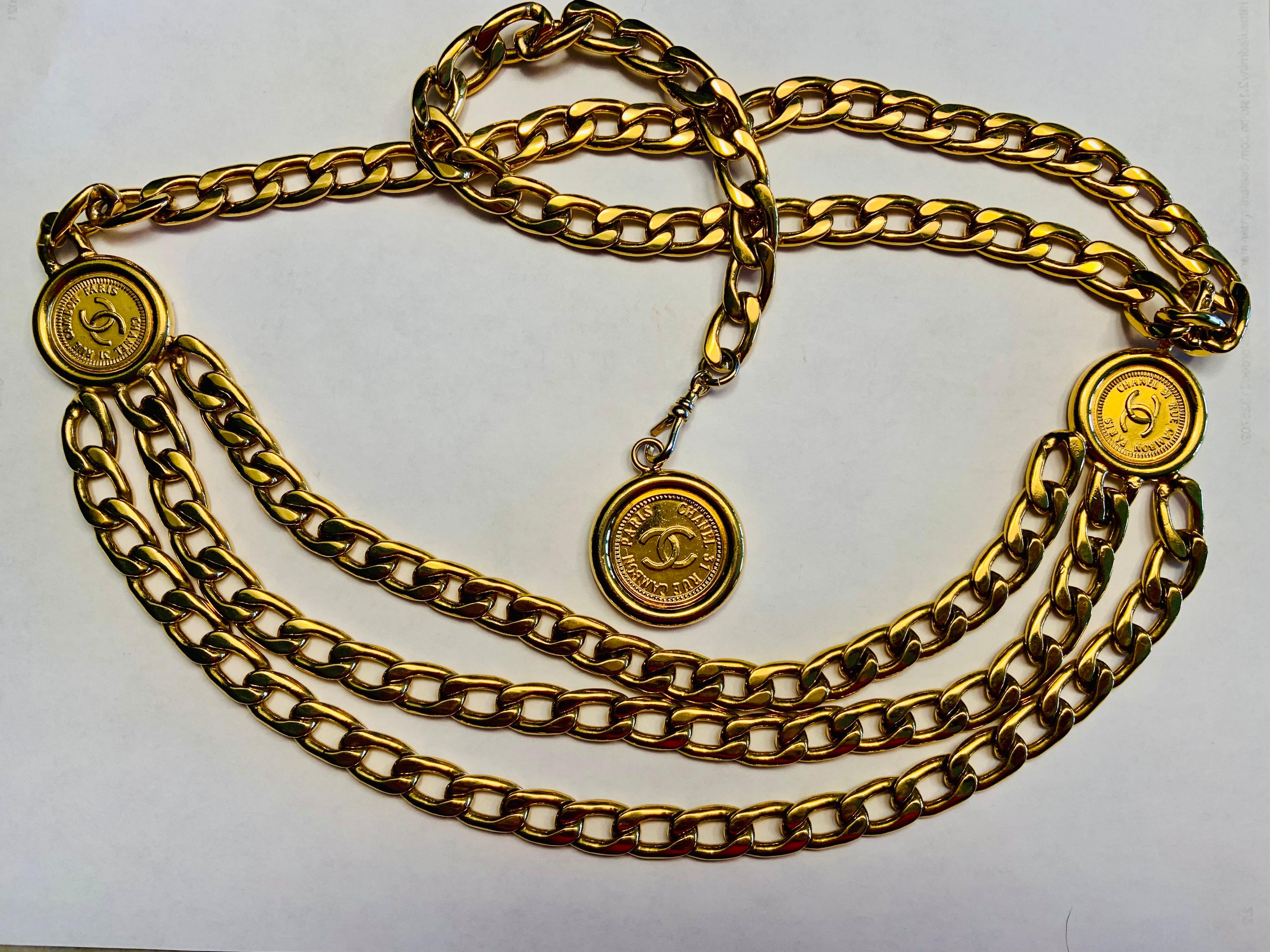 Chanel Classic Three Row Gold Chain Belt with Chanel rue Cambon Paris Medallions 2