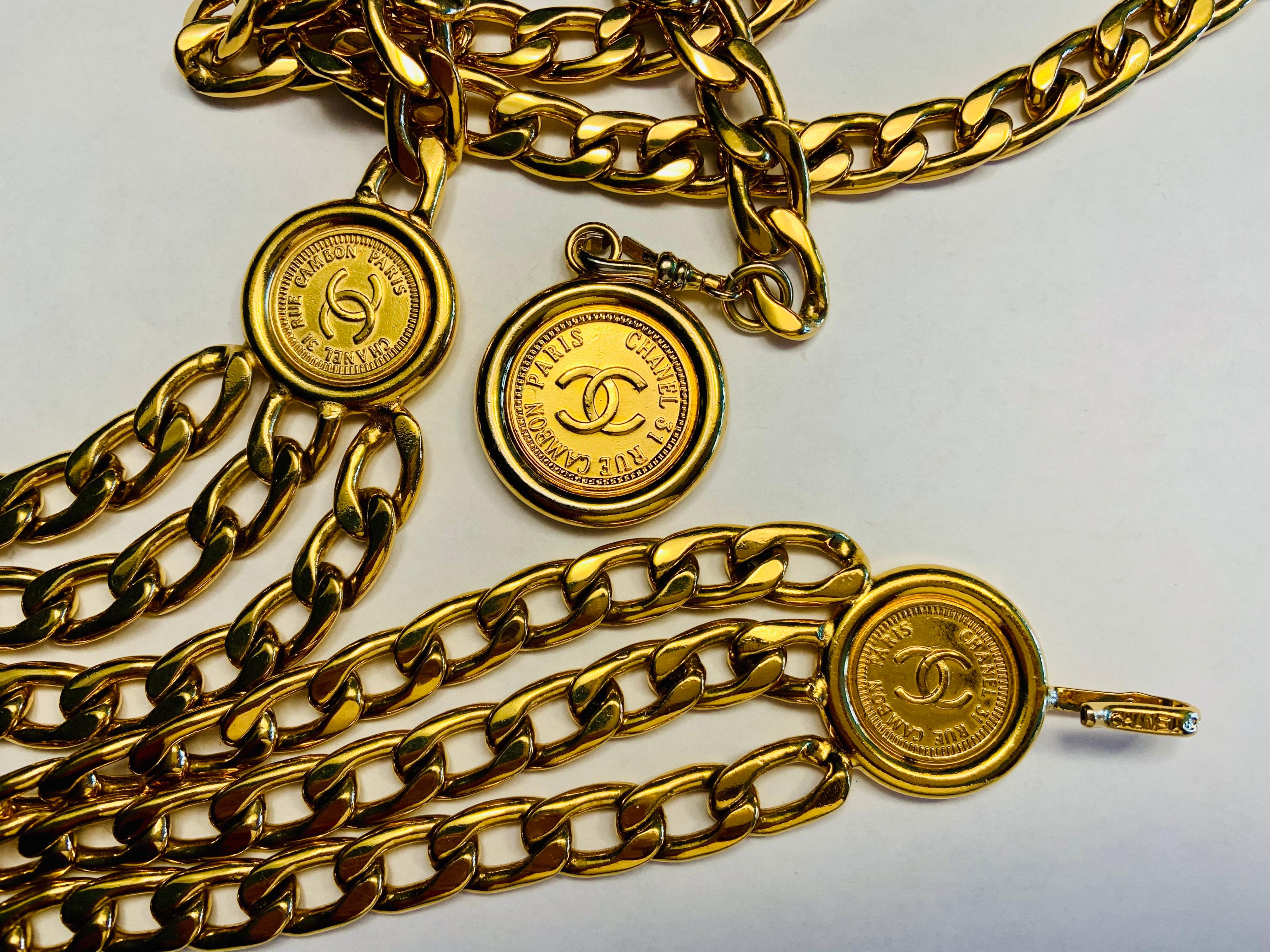 Chanel Classic Three Row Gold Chain Belt with Chanel rue Cambon Paris Medallions 3