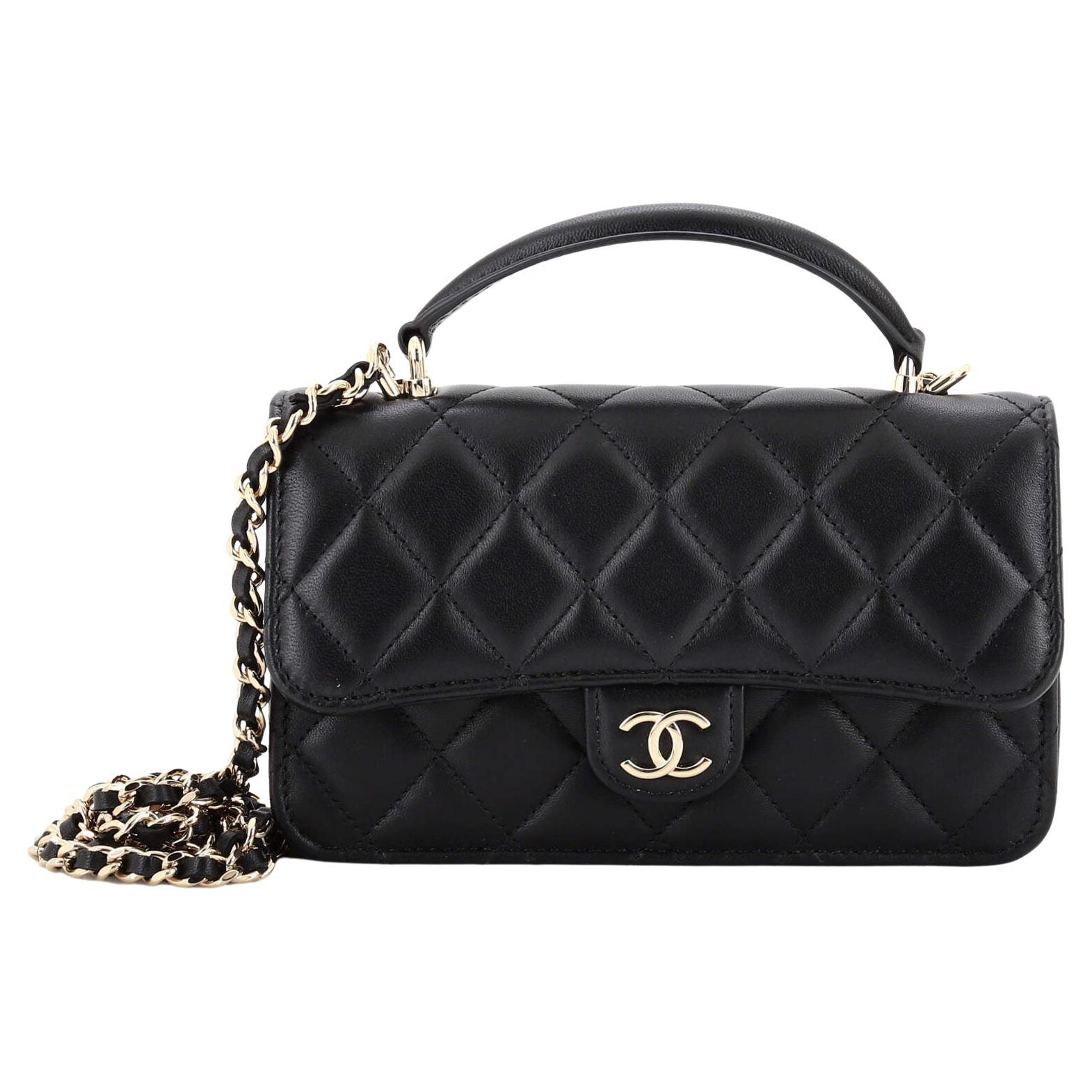 Chanel Classic Top Handle Flap Phone Holder with Chain Quilted Lambskin