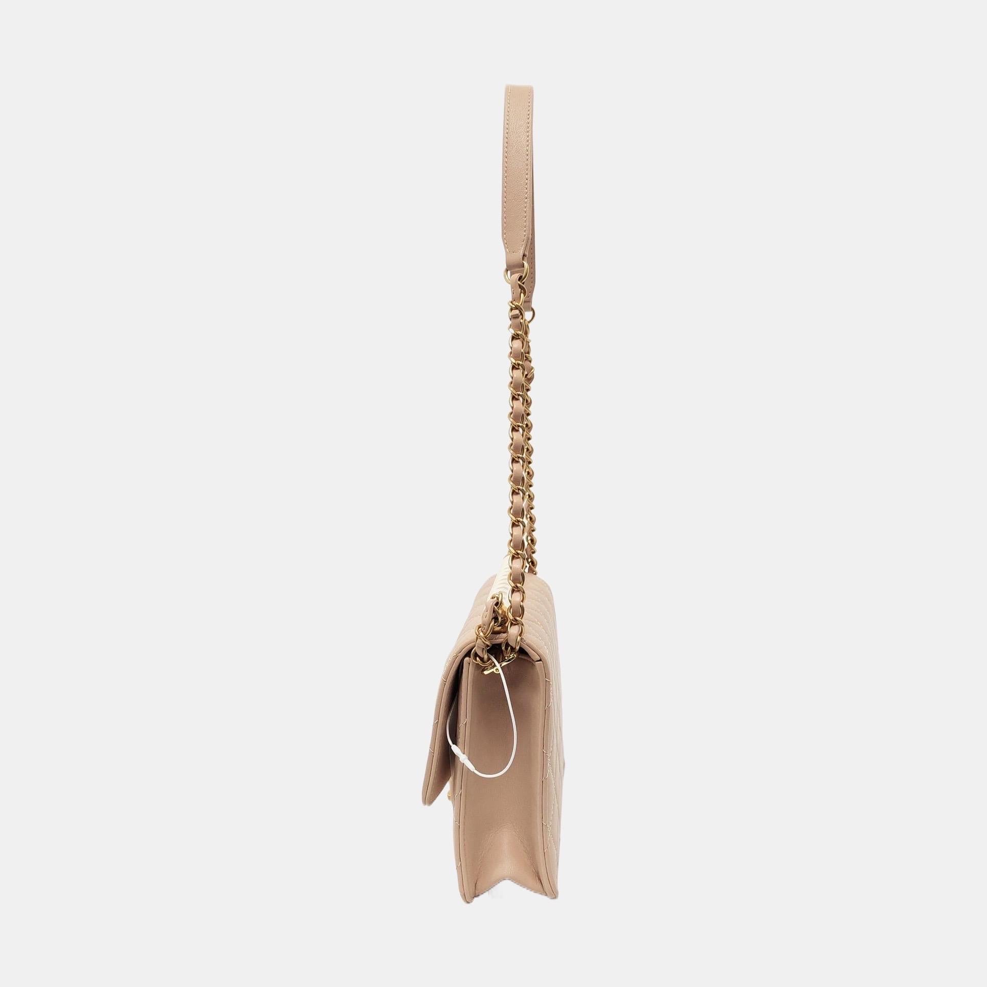 Brown Chanel Classic Vertical Pearl Small Light Pink Flap Bag Gold Hardware
