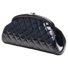 Chanel 2007 Classic Retro Navy Blue Patent Diamond Quilted Timeless Clutch Bag