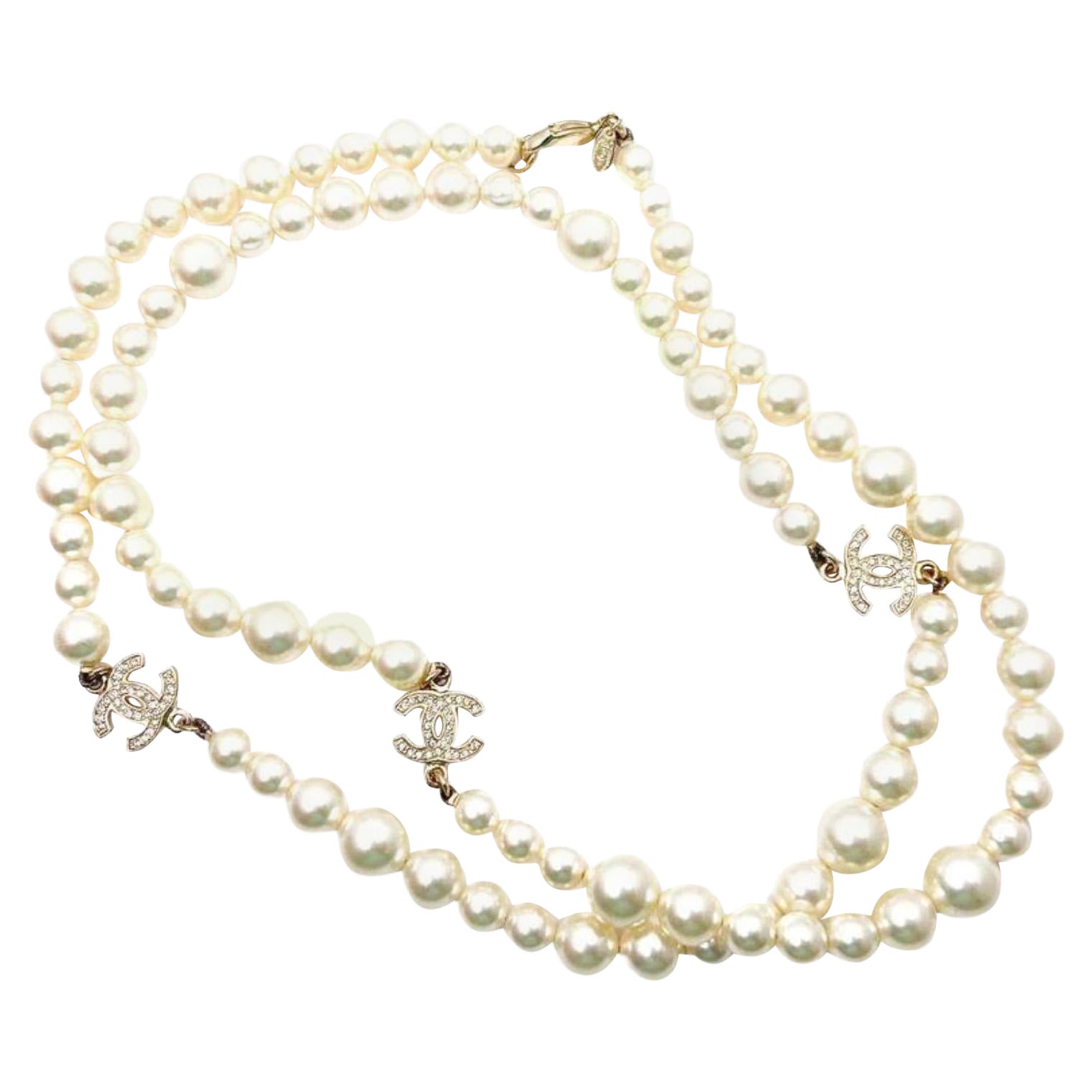 Chanel Classic Vintage Oro CC Collana lunga di cristalli e perle