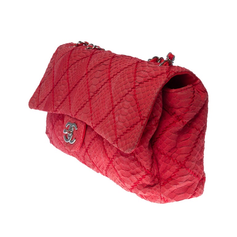 Red Chanel Classic XL shoulder bag in red quilted Python, silver hardware For Sale