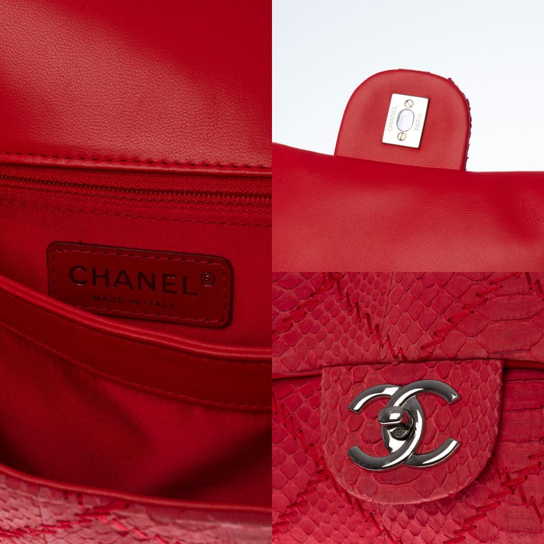 Red Chanel Python Chanel Classic XL shoulder bag in red quilted Python, silver hardware ...