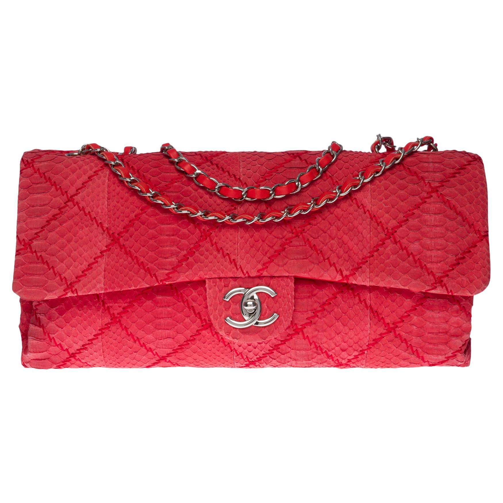 Chanel Classic XL Shoulder Bag in Red Quilted Python, Silver Hardware