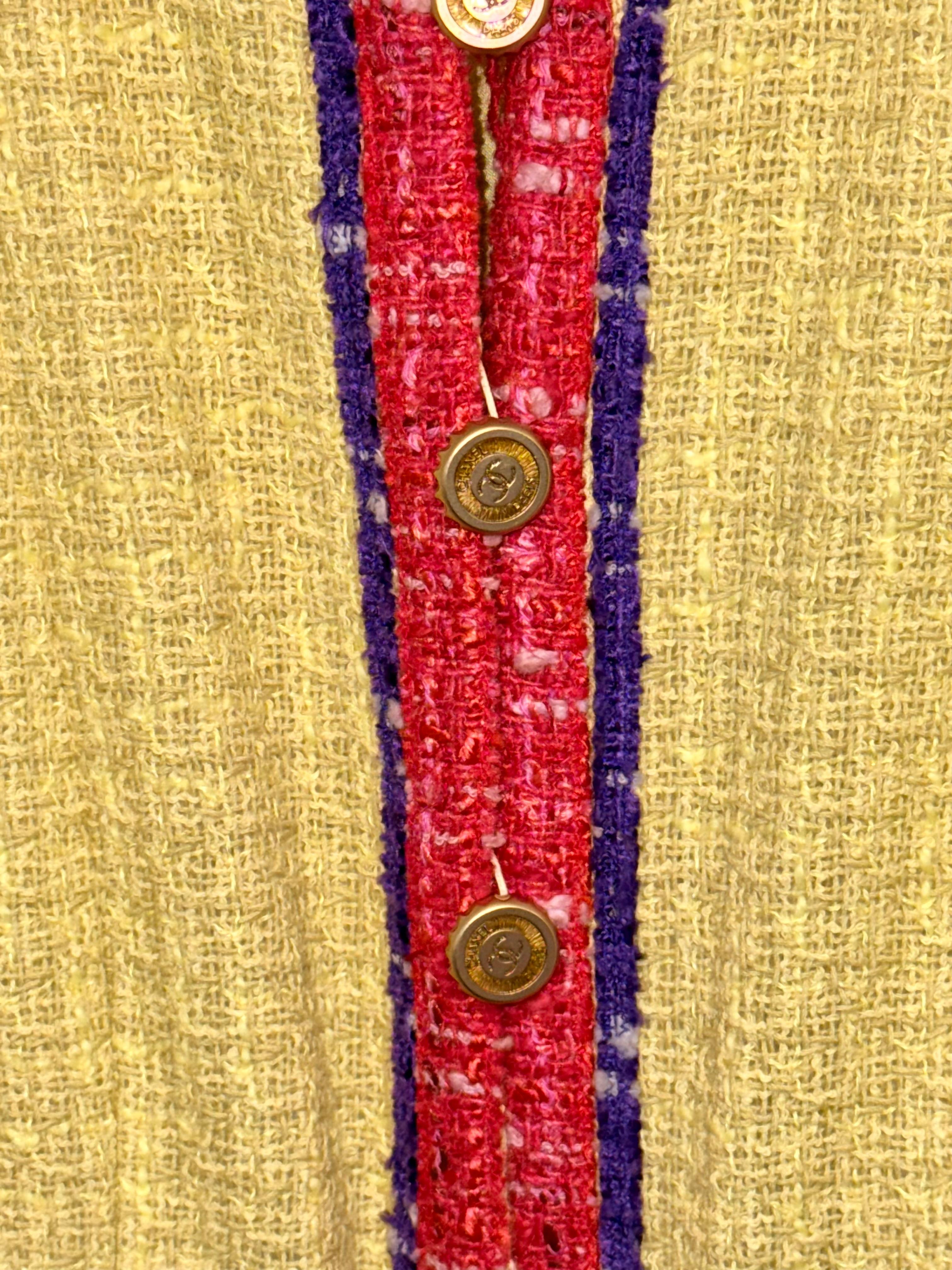 Yellow Chanel classic yellow tweed jacket with purple red trim For Sale
