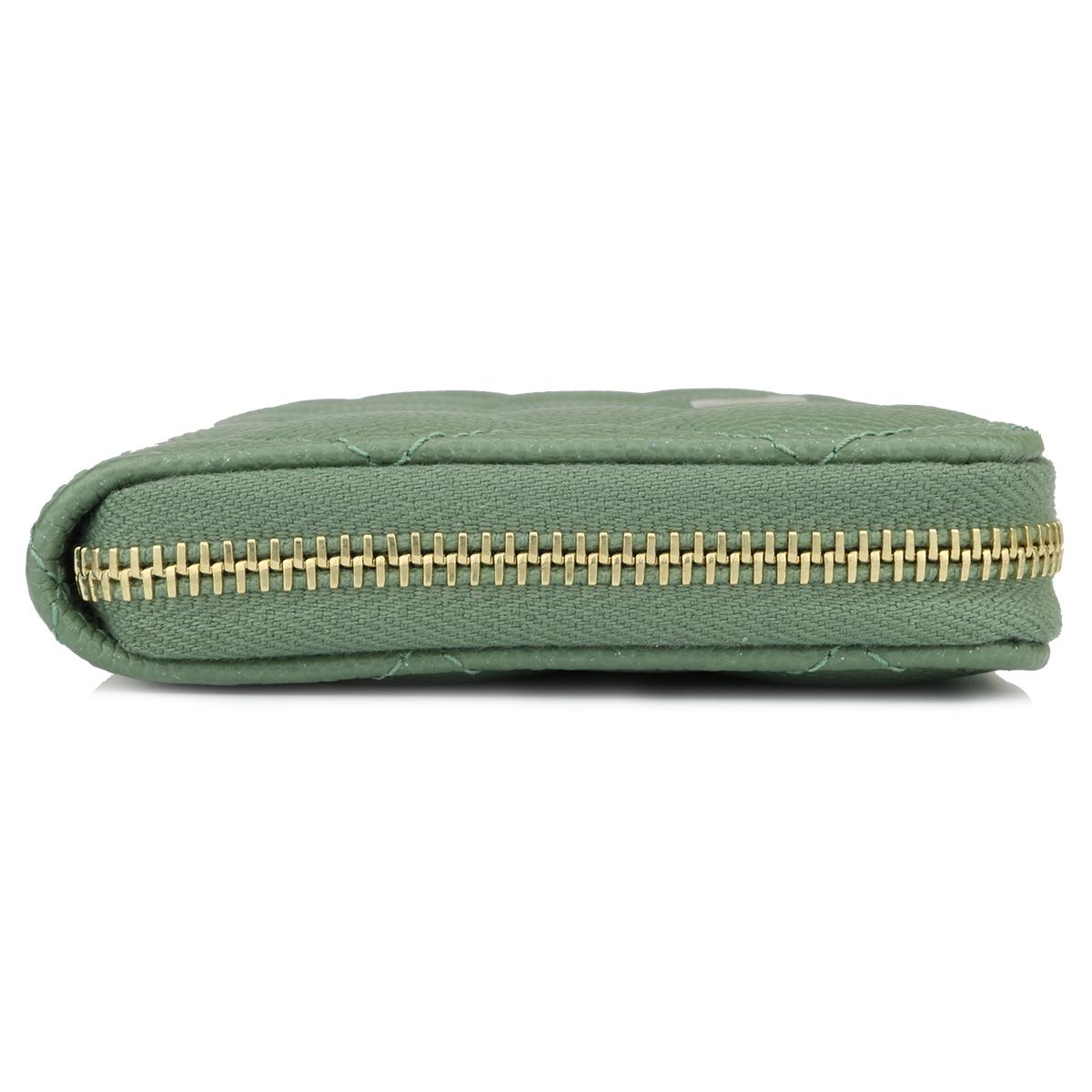 CHANEL Classic Zipped Wallet Medium Green Caviar Iridescent with Brushed Gold HW 1