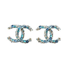 Chanel Classical CC Logo Blue Crystal Earrings