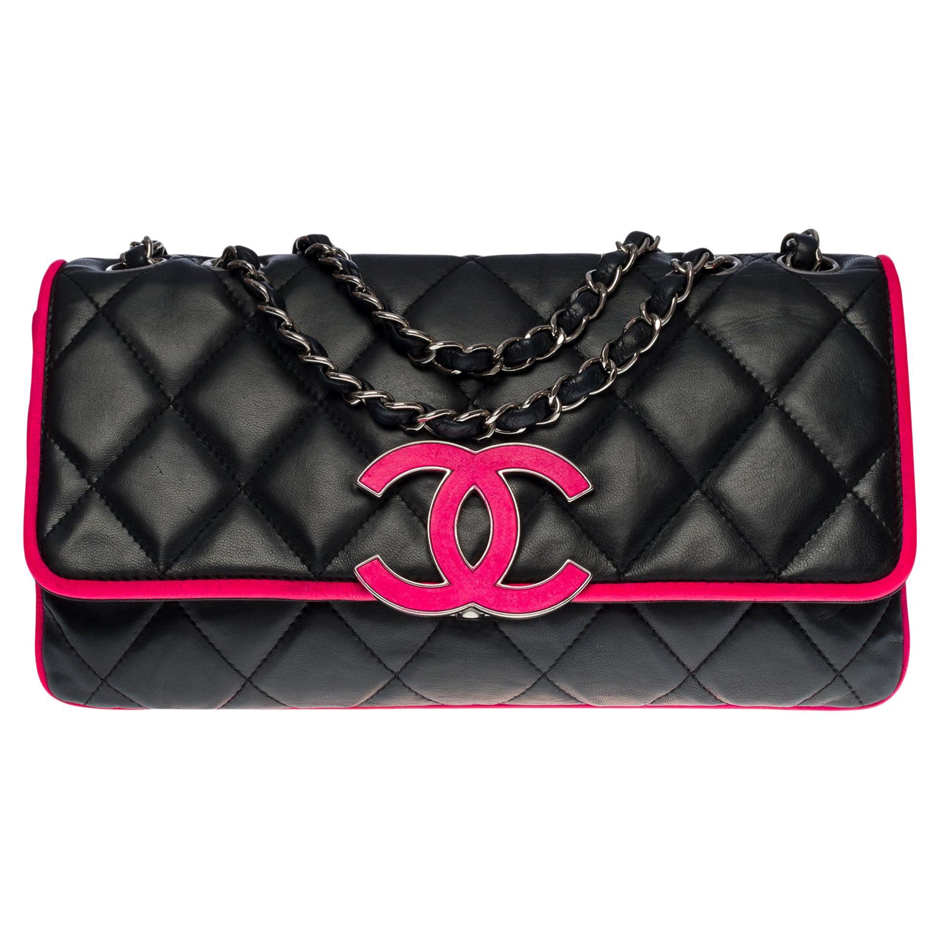 Chanel Classique flap shoulder bag in black and neon pink leather, SHW at  1stDibs