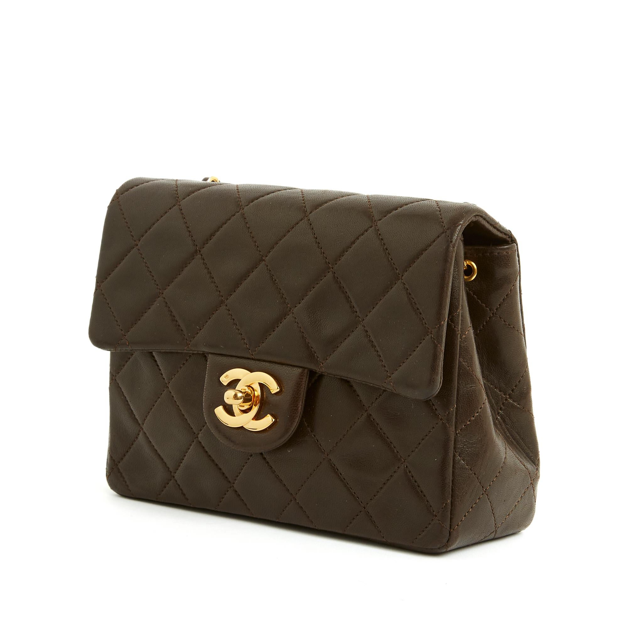 Chanel Classique Mini Carre Dark Brown soft Leather In Excellent Condition In PARIS, FR