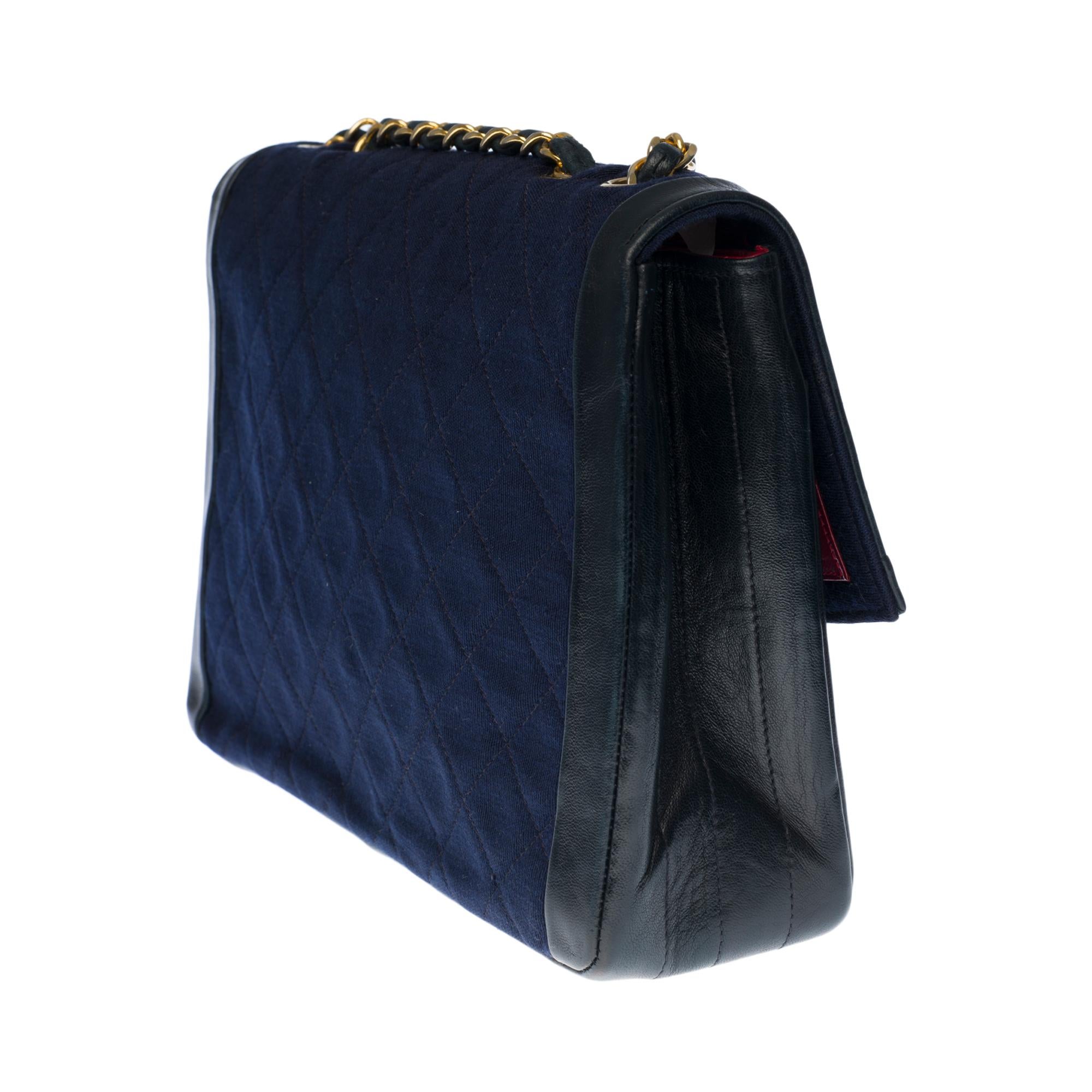 Black Chanel Classique two-material bag in navy blue quilted jersey and leather, GHW