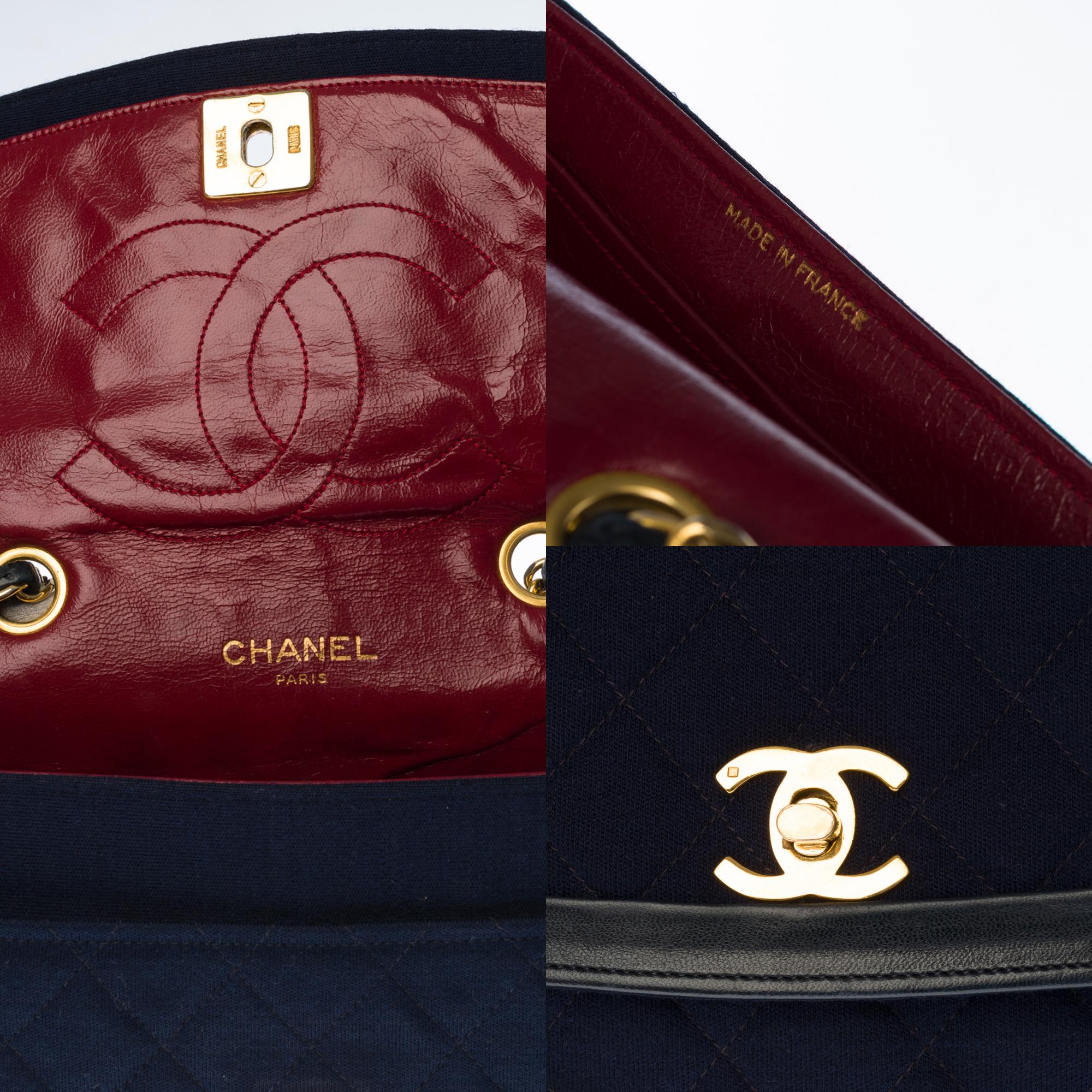 Chanel Classique two-material bag in navy blue quilted jersey and leather, GHW In Good Condition In Paris, IDF