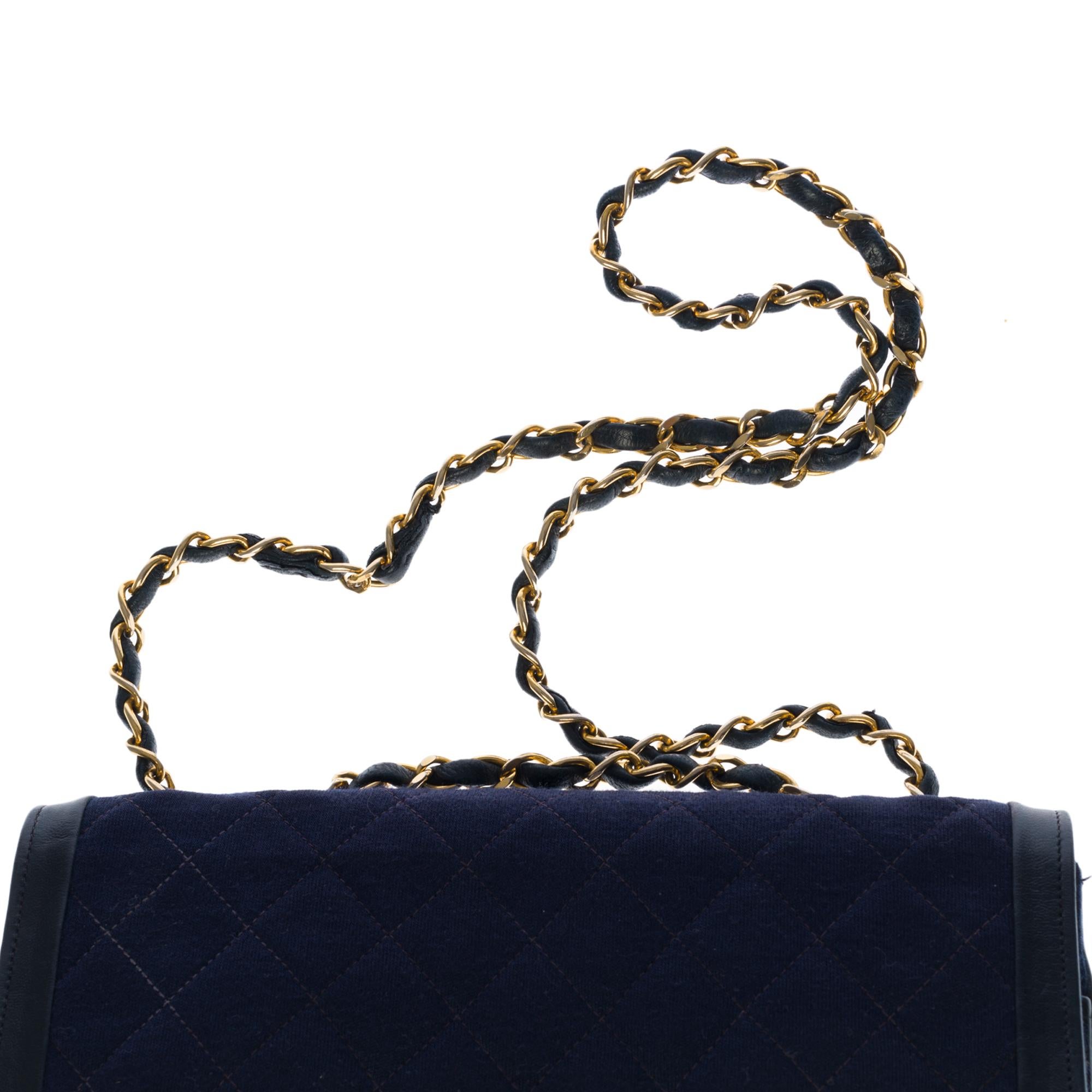 Chanel Classique two-material bag in navy blue quilted jersey and leather, GHW 1