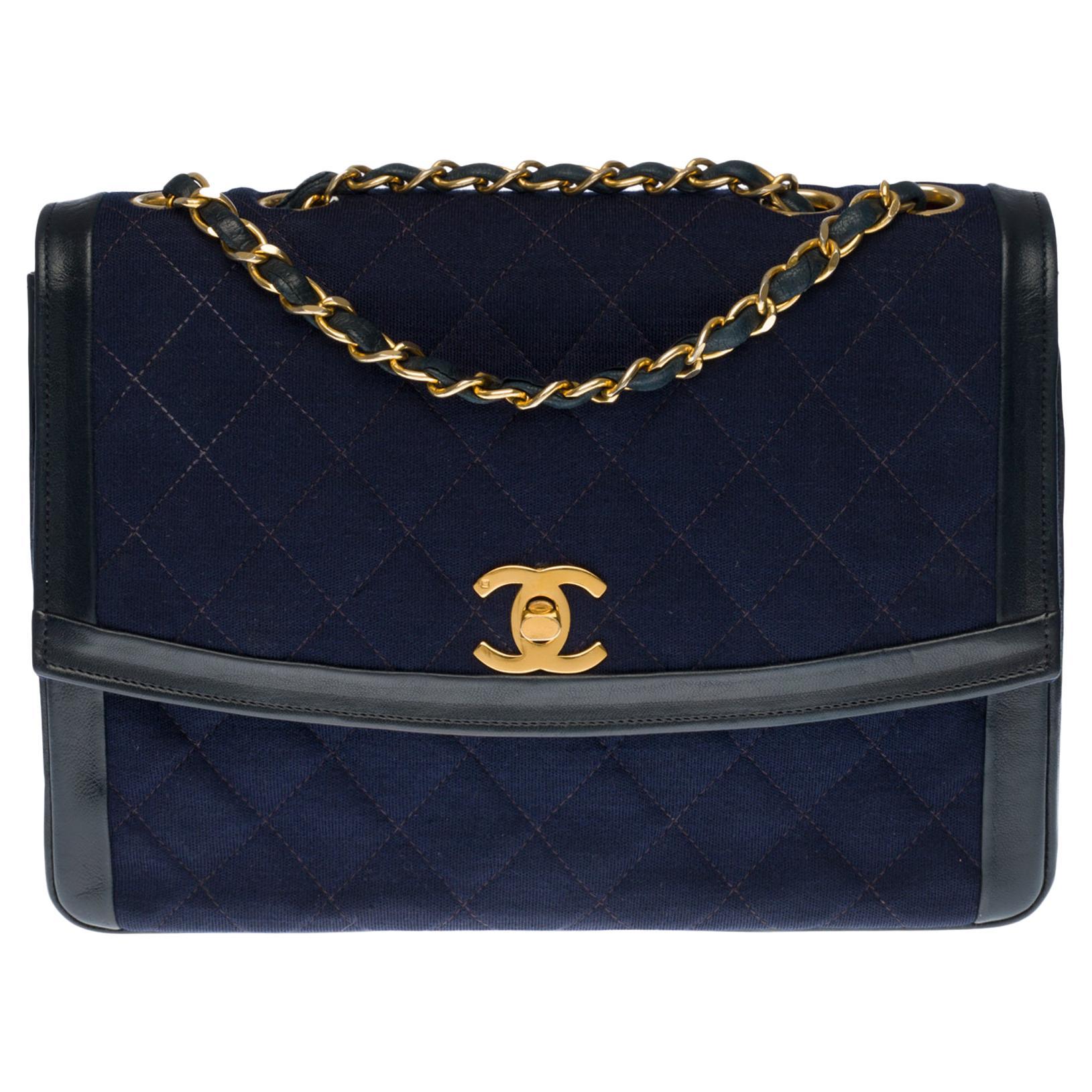Chanel Classique two-material bag in navy blue quilted jersey and leather, GHW