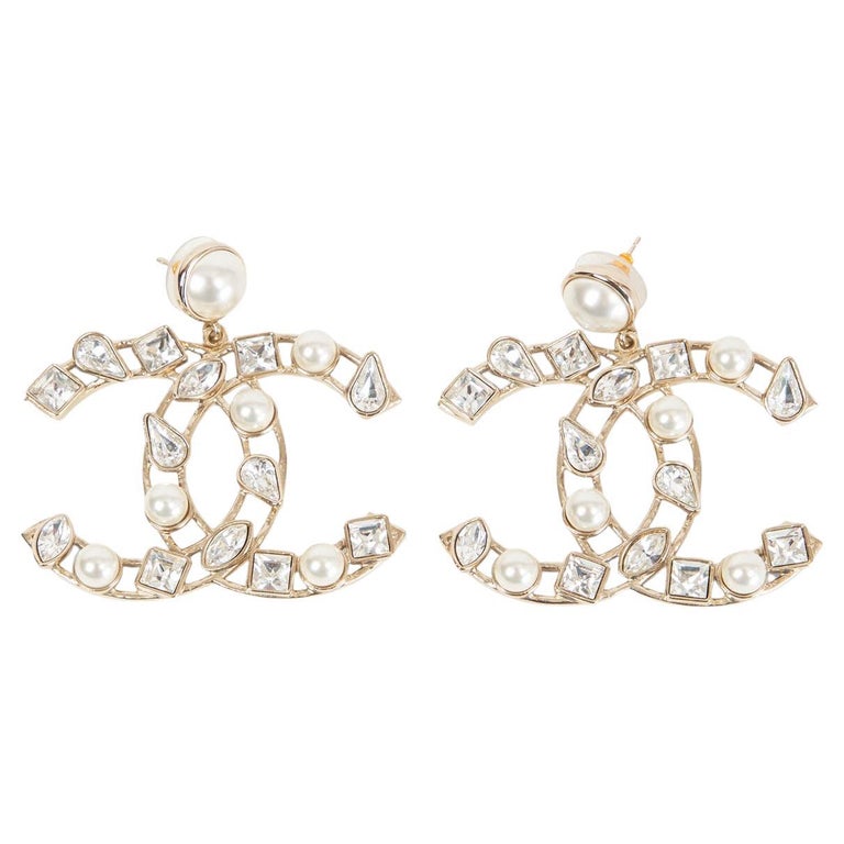 CHANEL clear 2019 CRYSTAL and PEARL OVERSIZED CC Earrings at
