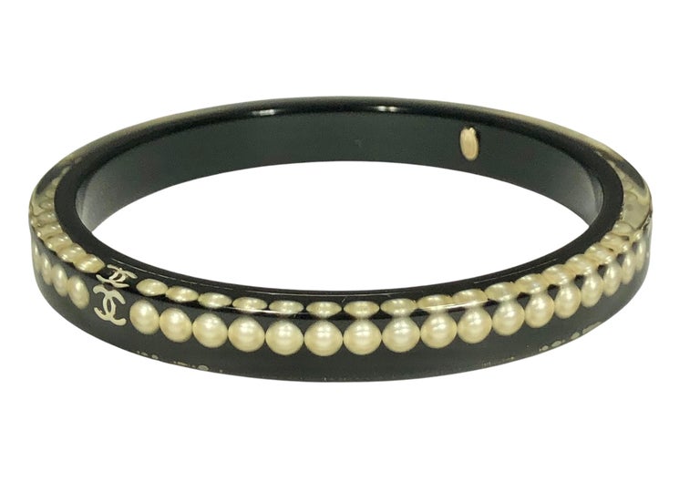 Chanel Clear and Black Resin Narrow Bangle with CC and Faux Pearls Embedded  For Sale at 1stDibs