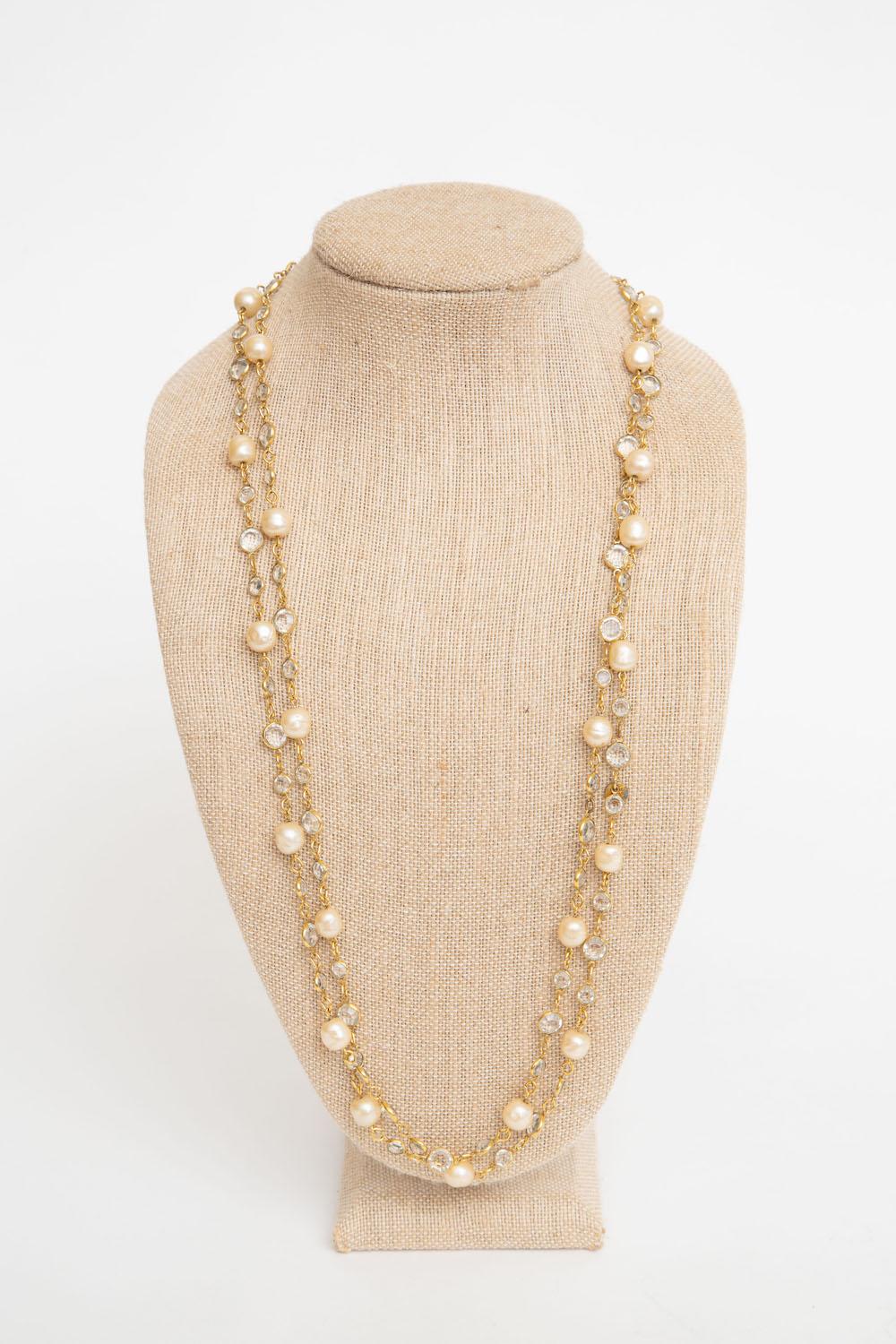 Bead Chanel Vintage Clear Beveled Crystal and Faux Pearl Sautoir Link Necklace  For Sale