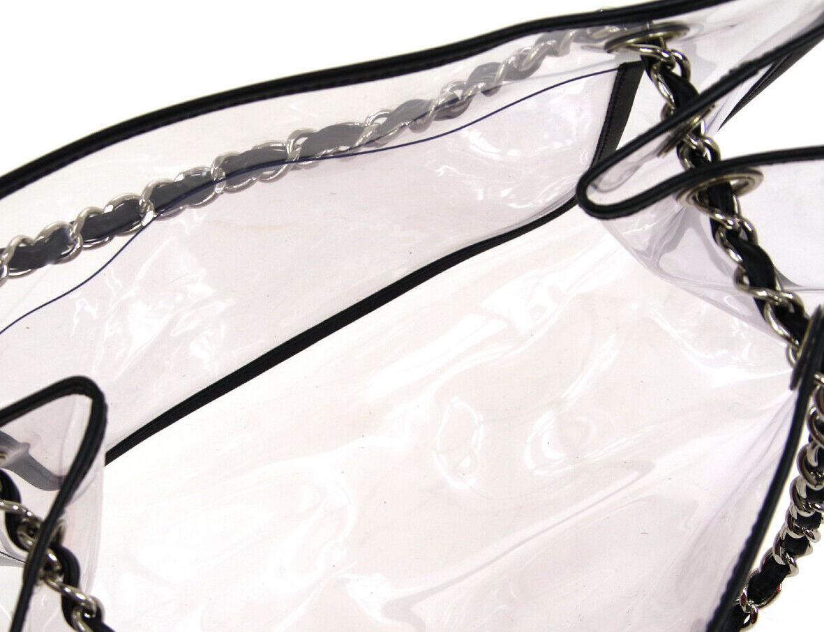 Gray Chanel Clear Black Leather Trim Silver Large Carryall Shopper Shoulder Tote Bag For Sale