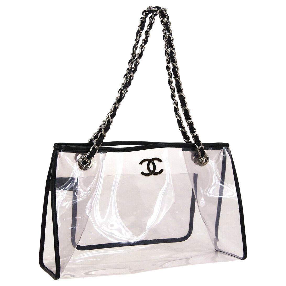Chanel Clear Black Leather Trim Silver Large Carryall Shopper Shoulder Tote Bag