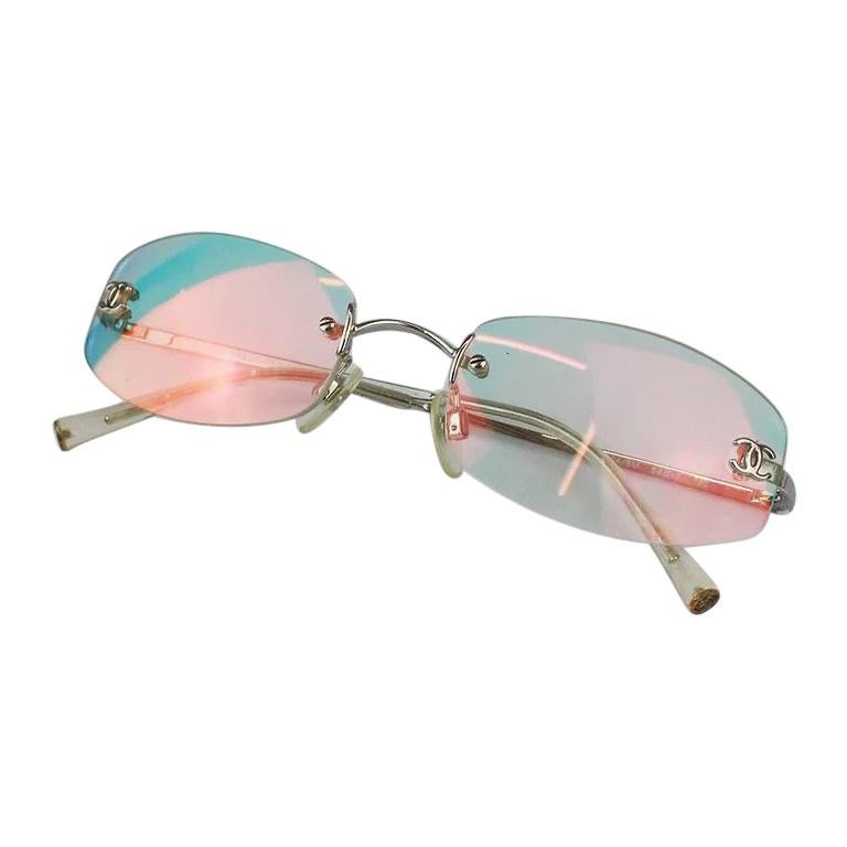 Chanel Clear Holographic Multi Color Tinted CC Gold Rimless Kylie Sunglasses