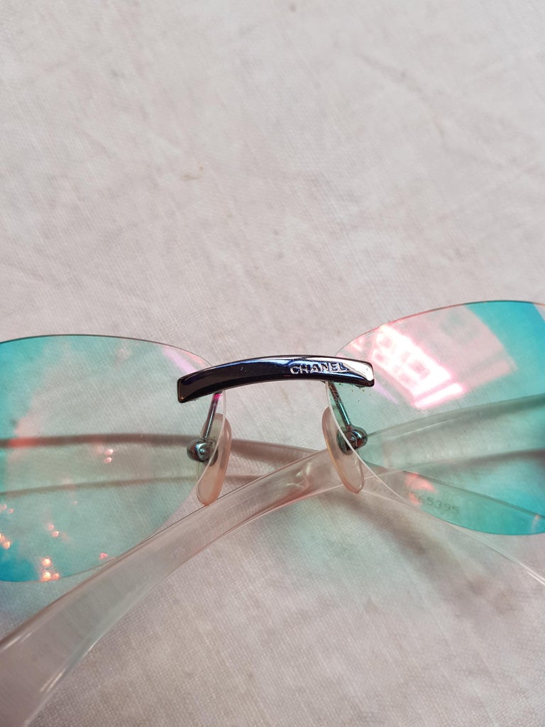 Chanel Clear Holographic Multi Color Tinted CC Silver Rimless Sunglasses