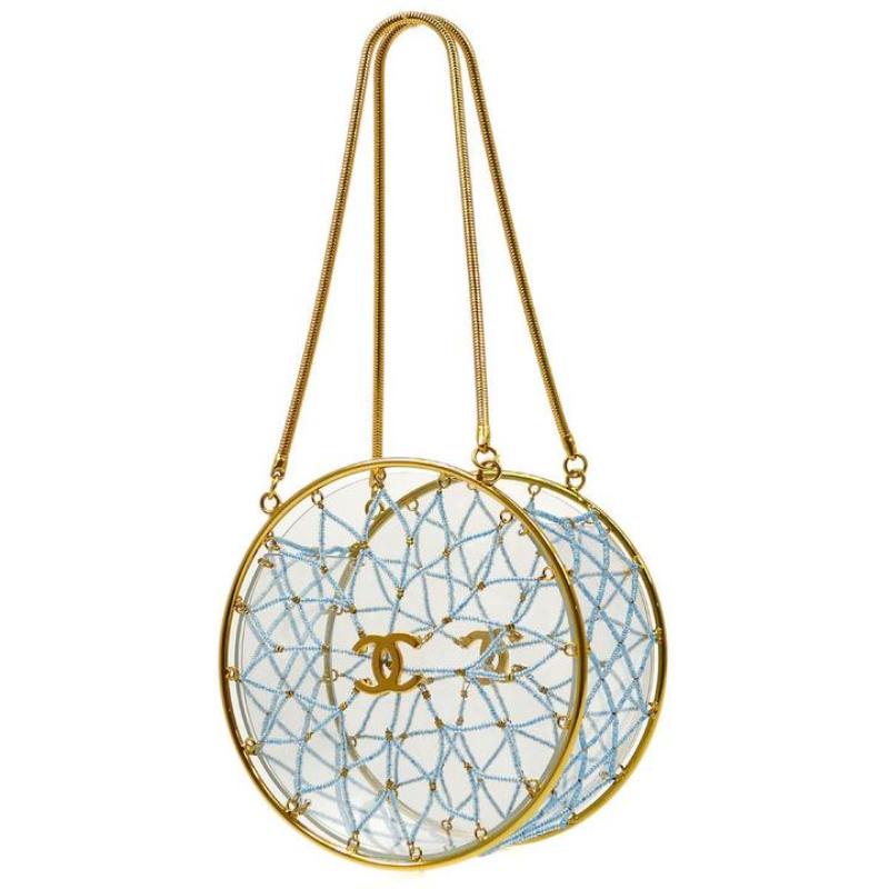 CHANEL Abend- oder Party-Tasche mit transparentem, blauem Perlen-Gold-Mini-Griff (Beige) im Angebot