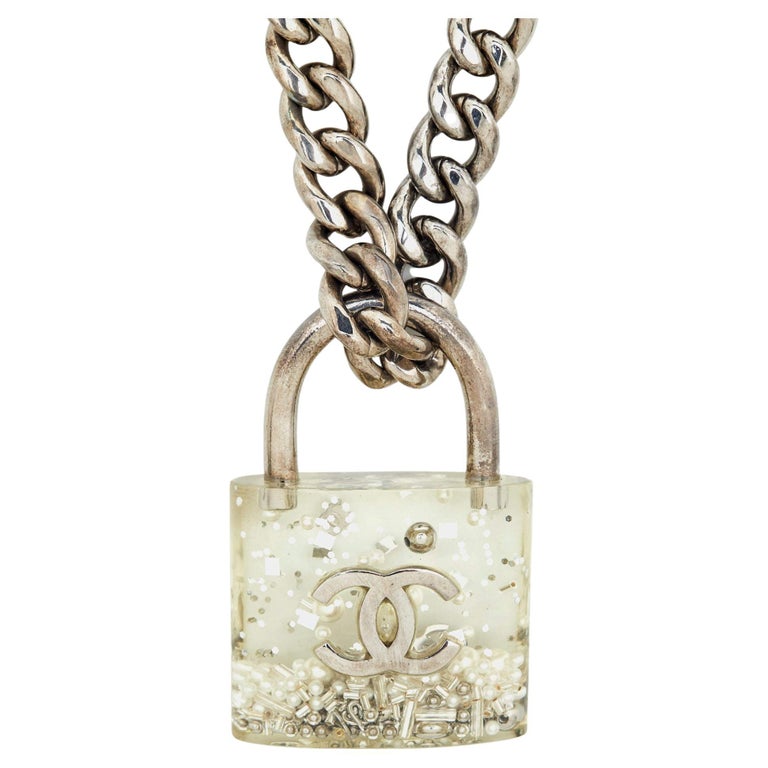 Chanel Clear Plexiglass and Beaded Padlock Gunmetal Chain Necklace at  1stDibs